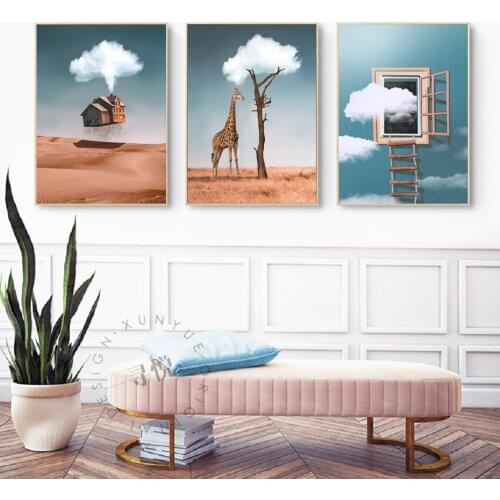 Cartoon Minimalism Floating House Giraffe White Cloud Window Art Poster Canvas Painting Baby Bedroom Cute Decoration