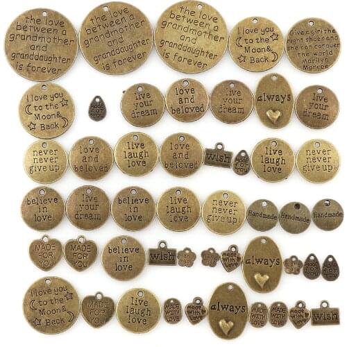 34~55Pcs/lot Mixed Round Square Letter Vintage Metal 2Colors Series Set Bracelets Charm Pendants Fashion Jewelry Making Findings