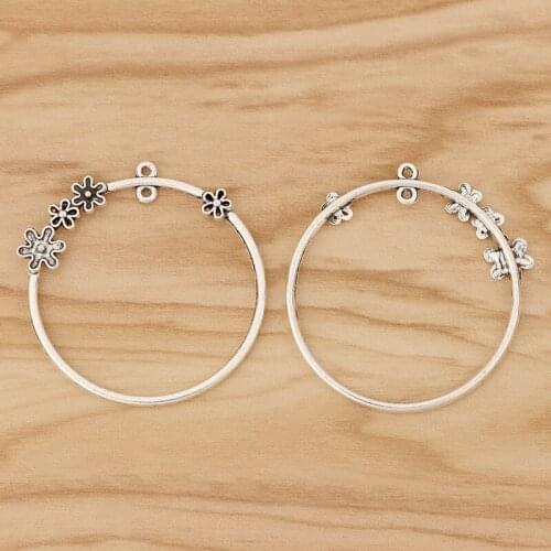 10 Pieces Tibetan Silver Large Open Round Charms Pendants With Small Flower for Earring Jewellery Making 47x45mm