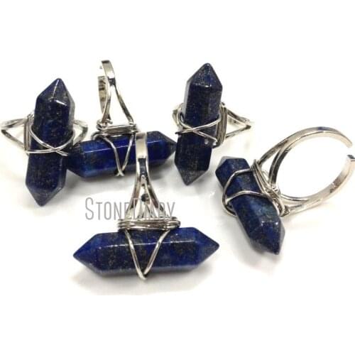 RM11468 10Pcs Winding Silver Electroplated Faceted Double Terminated Point Ring Blue Rock Ring Adjustable