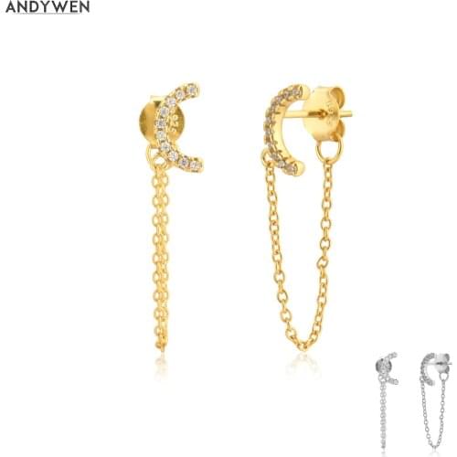 ANDYWEN 925 Sterling Silver Moon Zircon Pave Stud Earring Chains Long Women Piercing Fashion Crystal Jewelry 2020 Clips Jewels