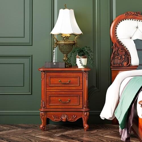 Furniture American solid wood bedside table bedroom carved bedside cabinet double drawer storage storage cabinet