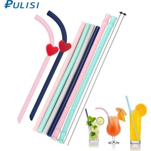 PULISI Straws 9.8inch Big Size Reusable Silicone Drinking Straws with Carrying Case and Cleaning Brushes BPA Free Silicone Straw