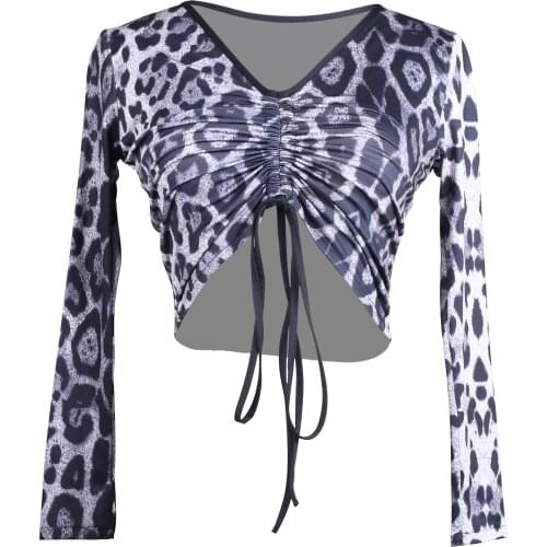 Adult Latin Dance Leopard Tops Woman Crop Top Pleated Modern Long Sleeve Modal Ballroom Chacha Samba Tango Dance Practice Wear