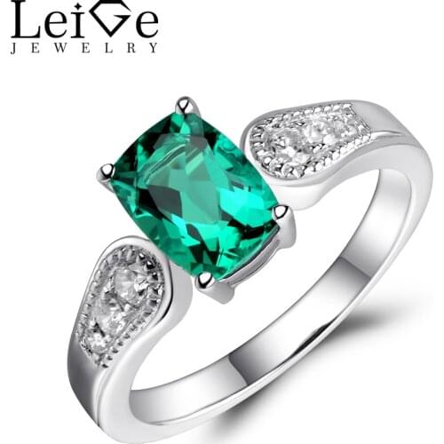 Leige Jewelry Emerald Ring Sterling Silver 925 Green Gemstone Engagement Wedding Rings for Women Cushion Cut May Birthstone