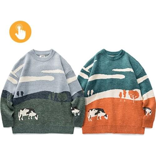 Hip Hop Sweater Pullovers Men Cow Prairie Knitted Sweaters Harajuku Street Clothing Retro Autumn Winter Male Streetwear O-Neck