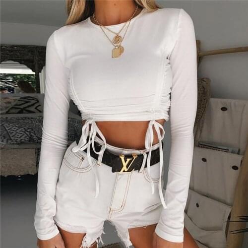 Spring Bandage Ruched Body Crop Top 2021 Long Sleeve O-Neck Womens T-shirts White Basic Sexy Fashion Female T-shirt