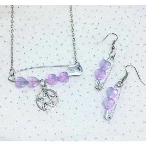 Vintage Star Pin Peach Heart Shape Pendant Necklace Goth Hip Hop Jewelry Set for Women Female Gift Party Unique Accessories Cool