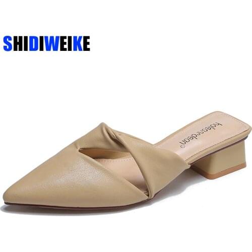 Womens Summer Casual black Sole Sexy Style Ladies Shoes 2021 Fashion Closed Toe Chunky Thick Heel PU Leather Mules Slippers