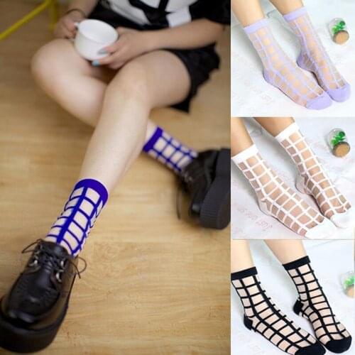 Woman Summer Transparent Lace Socks Girls Fashion Grid Glass Crystal Cool Mesh Knit Silk Socks Plaid Print Funny Socks