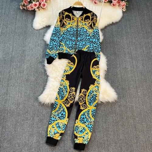 Amolapha Women Plus Size Clothes Set O-Neck Long Sleeve Retro Print Basebal Jacket Tops+High Waist Casual Pant Female Sport Suit