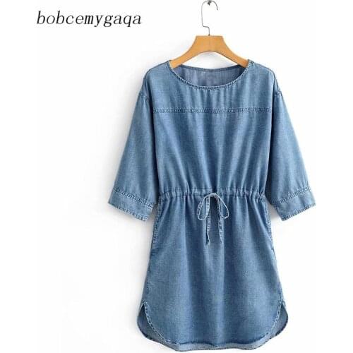 Loose summer denim dress women dropped shoulder short tied waist pleated Jeans dresses long sleeves streetwear casual blue dress