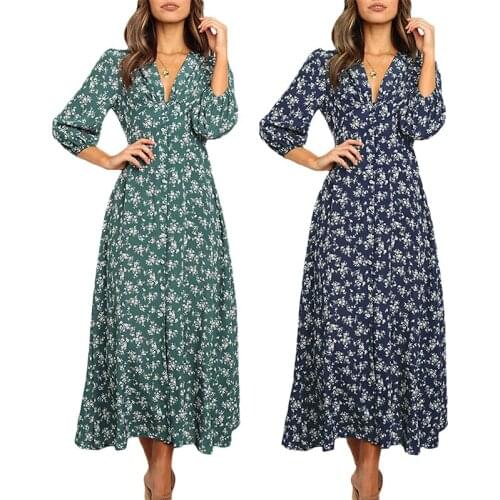 Kayotuas Women Dress Floral Print Summer Boho V-Neck Maxi Casual Button Down Elegant Beach Sundress Hot Fashion Clothes