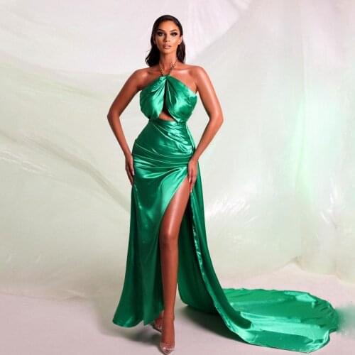 Elegant Sexy Mermaid Long Evening Gowns Halter Sleeveless Backless High Slit Women Pageant Prom Dresses Plus Size Custom Made