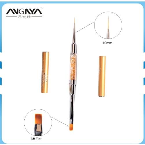 ANGNYA 1Pc Golden Double-Use Brush UV Gel Brush Flat 6# and 10 mm Skinny Liner Brush with Rhinestone Acrylic Hand Manicure Tools