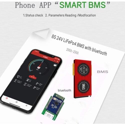 8S 24V LiFePo4 BMS 200A 250A with Bluetooth phone APP RS485 CANbus NTC UART for LiFePo4 Batteries 3.2V connected in 8 series