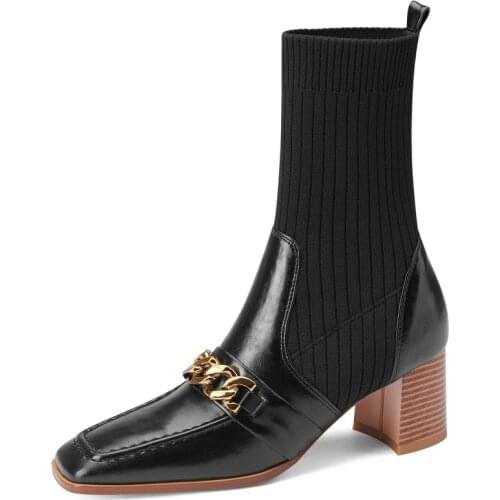 Fashion Womens Winter Boots Female Genuine Leather knitting High Heels Boots For Women Party wedding Basic Shoes Woman