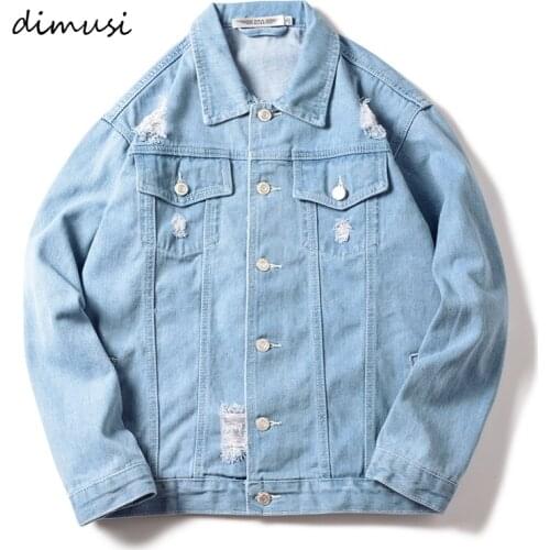 DIMUSI Autumn Winter Mens Denim Jacket Trendy Fashion Thin Ripped Denim Jacket Mens Jeans Jacket Outwear Male Cowboy Coats,TA226