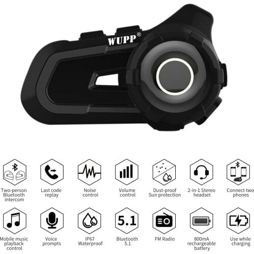Bluetooth 5.1 Headset Waterproof Intercom Wireless Communication Motorcycle Helmet Intercom Universal Pairing 1200M for 2 Riders