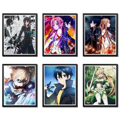 Kirito Asuna SAO Sword Art Online Original Anime Fabric Paper Art Print Poster for Decoration 8 x 10 Inches,Set of 6,No Frame