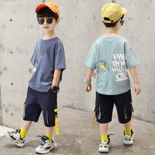 Boy Sets Childrens Summer Cotton Fashion Cartoon Cat Print Casual Tops+ Cargo Pants Clothing Sets Kids Outfits Baby Boy Clothes