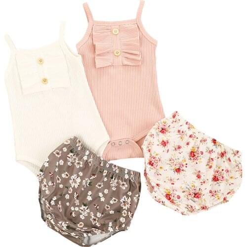 Infant Baby Girls Two-Piece Suit, Sleeveless Sling Romper and Flower Print Shorts for Birthday Party Photography
