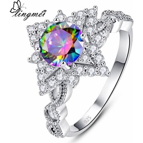 Lingmei Dropshipping Engagement Cluster Jewelry Multi & Pink & White Cubic Zirconia Silver ColorSterlingRing Size 6 7 8 9