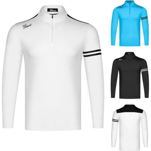 Golf mens stand collar zipper breathable sweat wicking long sleeve T-shirt bottomed loose casual autumn and winter new top