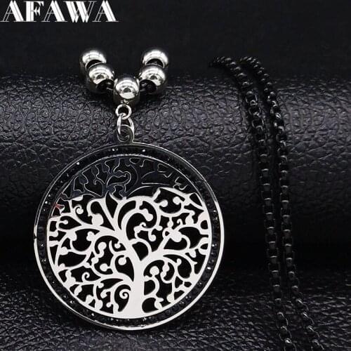 2021 Fashion Tree of Life Crystal Stainless Steel Chain Necklace Women Black Silver Color Necklace Jewelry collar mujer N78S02