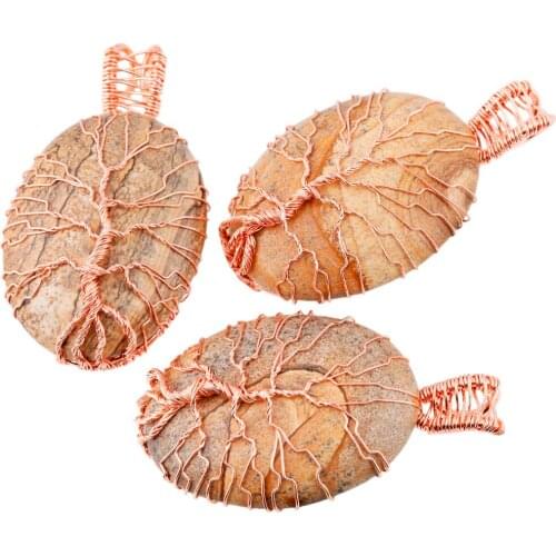 TUMBEELLUWA Healing Charm Pendant Chakra Stone Tree of Life Pendant Wire Wrapped Oval Gem Stone Pendant for Jewelry Making