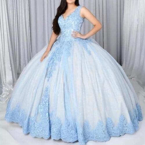 Puffy Ball Gown V-Neck Quinceanera Dresses 2021Sleeveless Lace Appliques Sequined Party Princess Sweet 16 Dress For Girls
