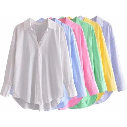 TRAF Za White Shirt Woman Striped Shirts Women Yellow Pink Green Shirt Ladies Summer 2021 Button Up Shirt Collar Womens Blouse