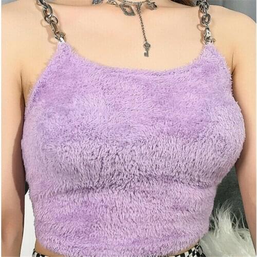 Tank Crop Tops Vest Sleeveless Short Tee Shirt Sexy Women Fashion Summer Chain Sling Fur Type Purple Casual S-L