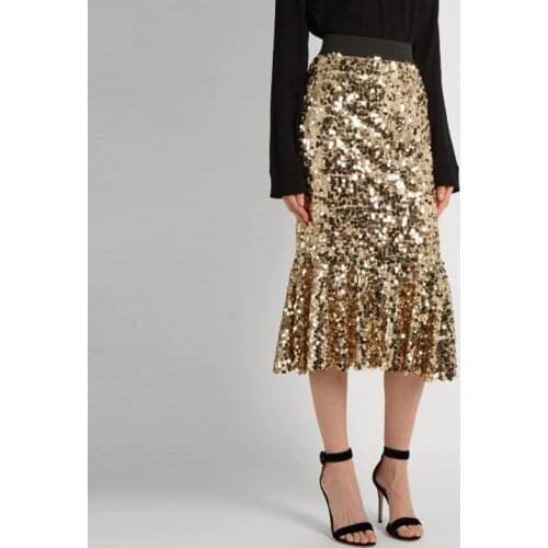 Shiny Gold Sequin Skirts Women Customized Tee Length Midi Skirt Modern Fashion Ruffles Skirt Spring Autumn Style