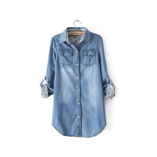 Womens Fitted Long Sleeve Jean Denim Coat Blouse Lapel Tops Classic Jacket Shirt