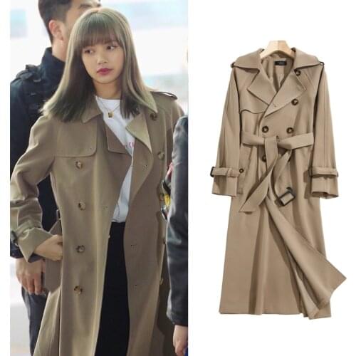 Celebrity Style Midi Long Trench Coat Women Dark Khaki Color Double Breasted 2021 Spring Fall Warm Windbreaker