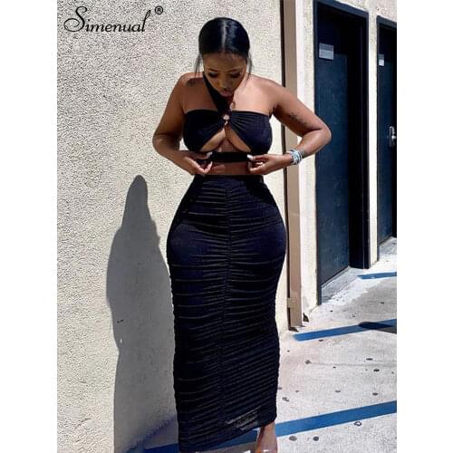 Simenual Ruching Cropped Top And Long Skirt Two Piece Sets Bodycon Cut Out Night Club Partywear Co-ord Outfits Tight Women Suit