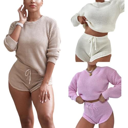 Womens Casual Two Piece Sweater Outfits Long Sleeve Round Neck Crop Tops with High Waist Shorts Sets