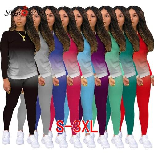 SEBOWEL Casual Sport Two Piece Sets Women Autumn Gradient Long Sleeve Tops + Pants Suits Female Tracksuit Matching Set S-3XL