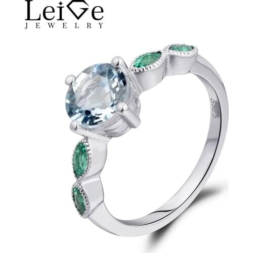 Leige Jewelry Engagement Rings for Women March Birthstone Natural Aquamarine Ring 925 Sterling Silver Round Cut Prong Setting