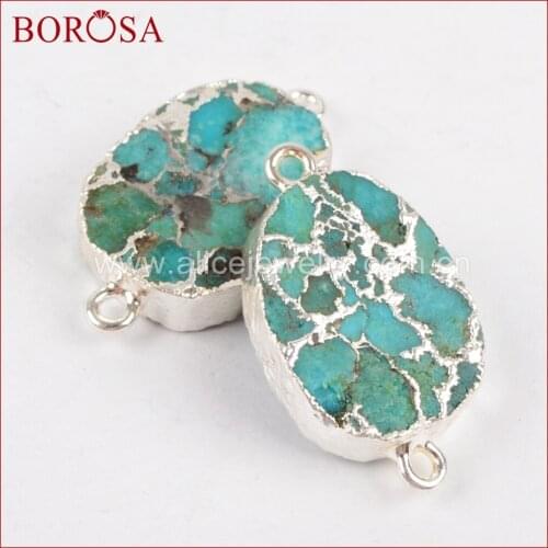 BOROSA 5pcs 100% Blue Howlite Copper Connector Oval Silver Color Druzy Double Bail Charms For Bracelet Blue Gems Jewelry S1323