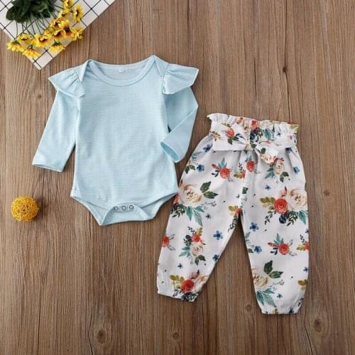 Infant Baby Girl Kid Striped Ruffle Long Sleeve Romper Jumpsuit Flower Print Bow Trousers Pants Sets Cotton Suit