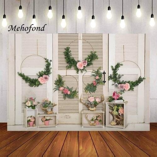 Mehofond Photography Background Flowers Green Leaves Grass White Wooden Door Newborn Baby Birthday Party Backdrop Photo Studio