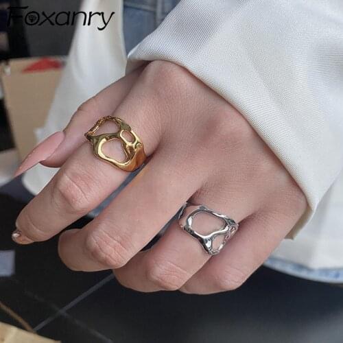 FOXANRY 925 Sterling Silver Wide Rings Couples Accessories Fashion Vintage Simple Irregular Hollow Geometric Punk Party Jewelry