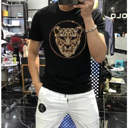 Diamond stone Plus Size 5XL short sleeve mens simple hot drill half sleeve mens T-shirt slim fitting