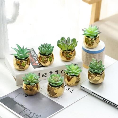 Artificial Plant Decorative Vivid Golden Ceramic Pots PVC Faux Succulents Mini Potted Garden Artificial Plants Decorations