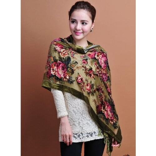Chinese Women Velvet Silk Beaded Shawls Vintage Handmade Embroidery Scarves Scarf Long Fringe Pashmina Flower Cape Stole 1206