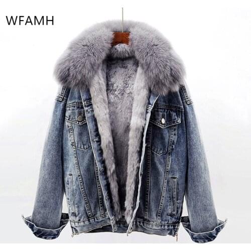 Fox Fur Collar Denim Jacket Women Thicken Warm Winter Coats Cotton Padded Jackets Detachable Rabbit Fur Liner Jean Parka Coats