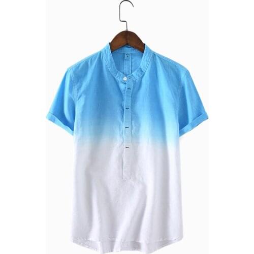 Mens Pullover Linen Shirts Patchwork Mandarin Collar Short Sleeve Men Quality Casual Shirts Slim fit Cotton Shirts Male TS-351