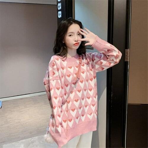 2020 Autumn and Winter Womens New Products Loose Love Jacquard Sweater Round Neck Sweet and Thin Student Pullover Sweater Women